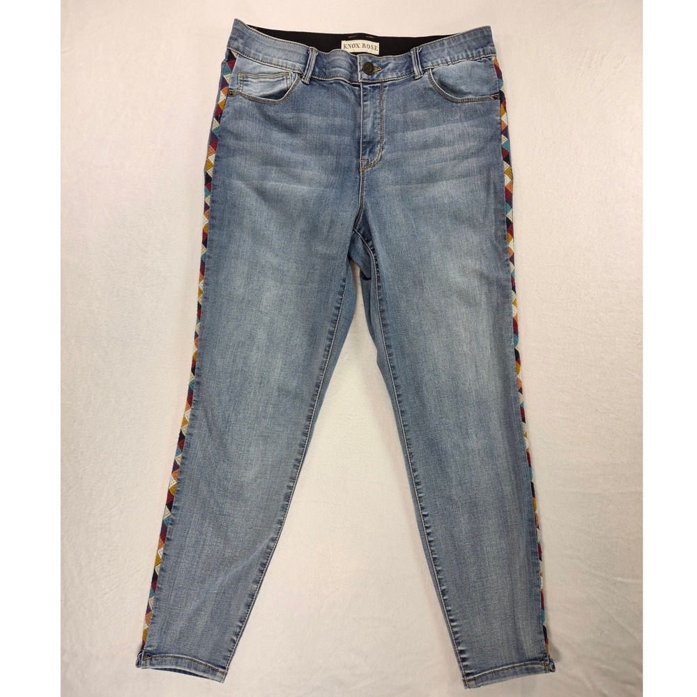 Knox Rose Blue Denim Jeans Women Sz 14 Geometric Embroidery Side Stripe detail